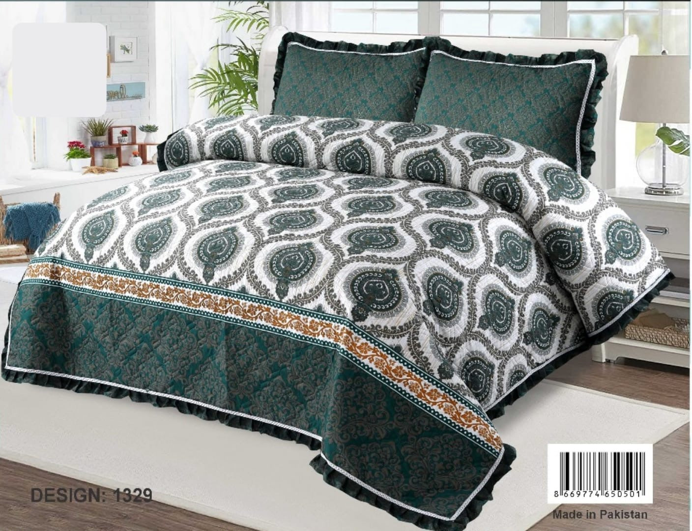 3-Pieces Grace Collection Printed Microfibre Embossed Bedspread  King Size, - Super Soft, Sides Frill