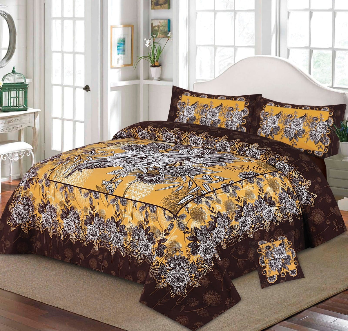 4-Piece Crystal Cotton King Size Bed Set with four side Border Panel