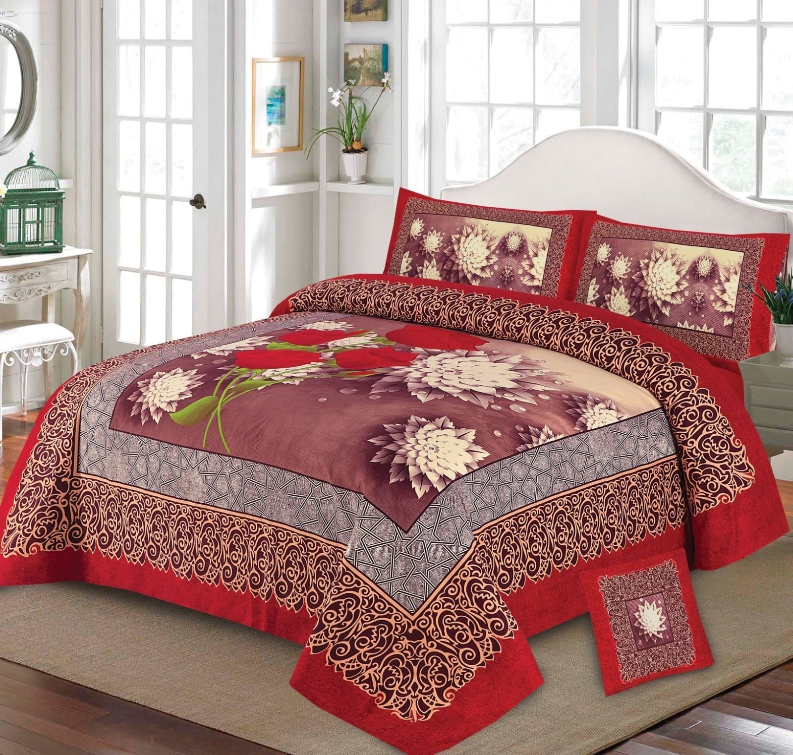 4-Piece Crystal Cotton King Size Bed Set with four side Border Panel