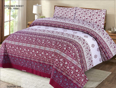 3-Pieces Cotton Printed King Size Bedsheet Double Bed with 2 Pillow Covers bedsheet for Double Bed Cotton Flat Sheet