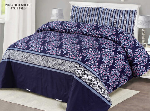 3-Pieces Cotton Printed King Size Bedsheet Double Bed with 2 Pillow Covers bedsheet for Double Bed Cotton Flat Sheet