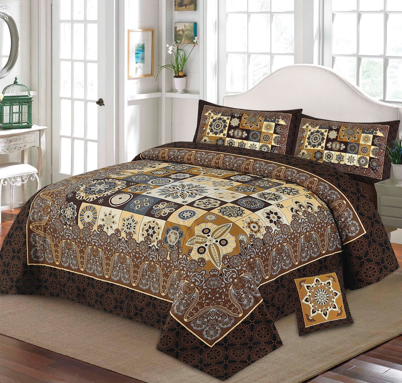 4-Piece Crystal Cotton King Size Bed Set with four side Border Panel