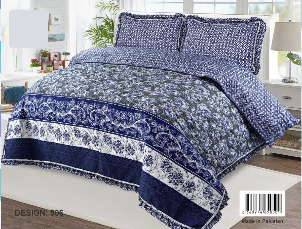 3-Pieces Grace Collection Printed Microfibre Embossed Bedspread  King Size, - Super Soft, Sides Frill