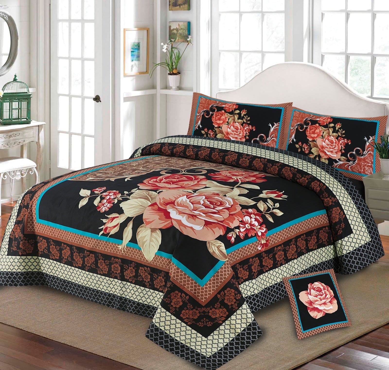 4-Piece Crystal Cotton King Size Bed Set with four side Border Panel