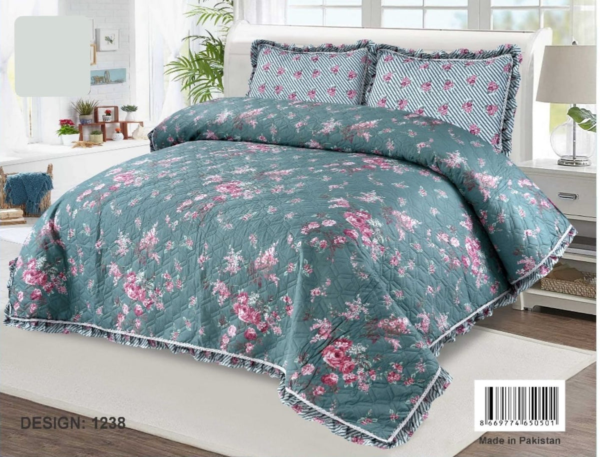 3-Pieces Grace Collection Printed Microfibre Embossed Bedspread  King Size, - Super Soft, Sides Frill