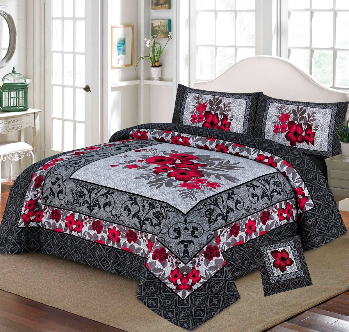 4-Piece Crystal Cotton King Size Bed Set with four side Border Pane